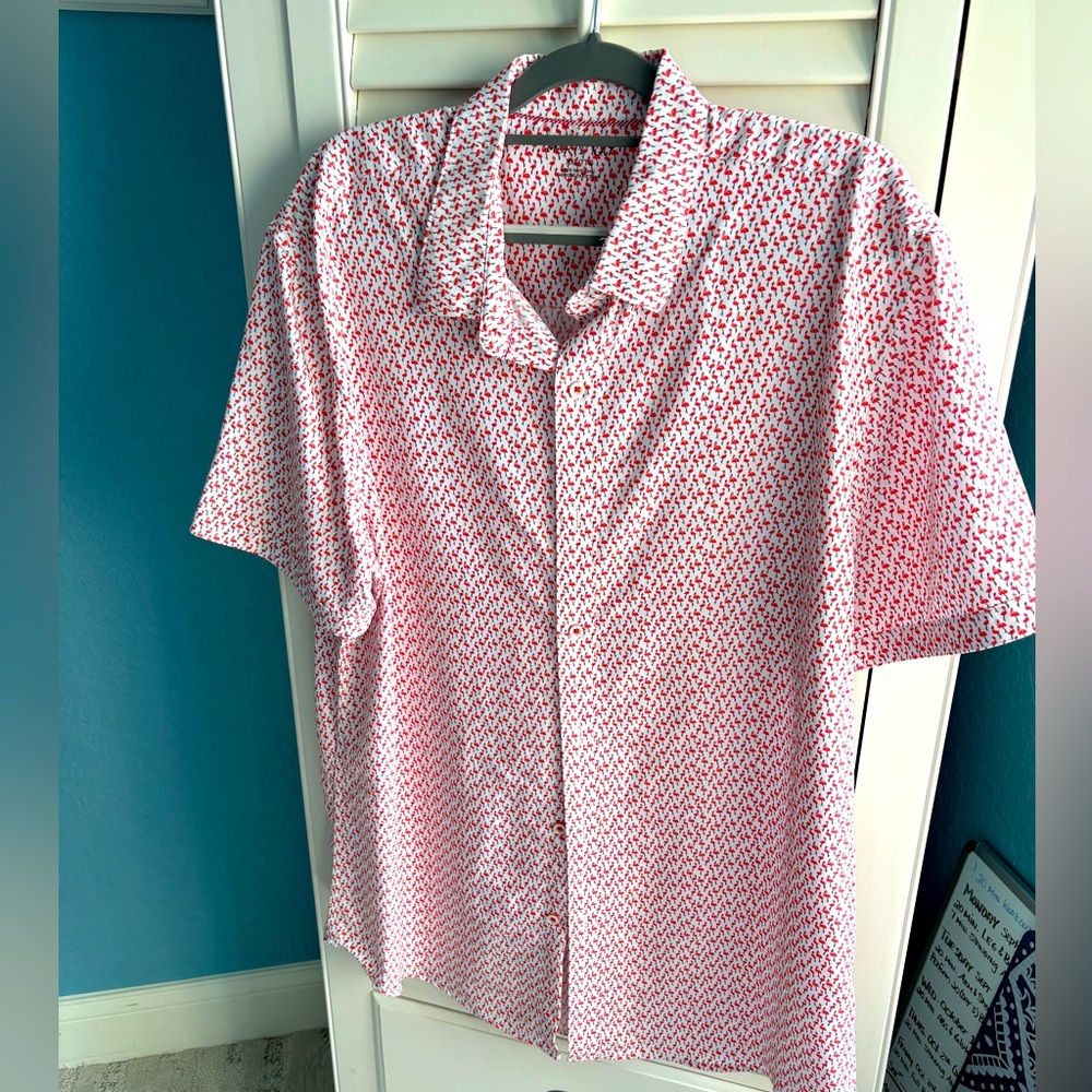 Men's Redish orange flamingo Patterned Short-Sleeve Button-Up Shirt by Marti Kat